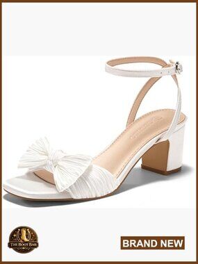 Block Heel Sandals with Bow Ankle Strap Dressy Wedding Bride Shoes